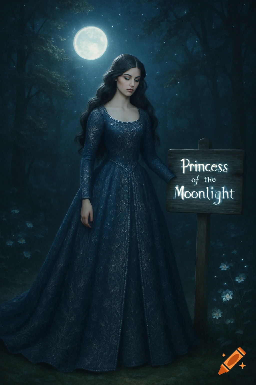 A dark-haired princess in a blue dress stands next to a glowing sign that reads 'Princess of the Moonlight' in a moonlit forest.