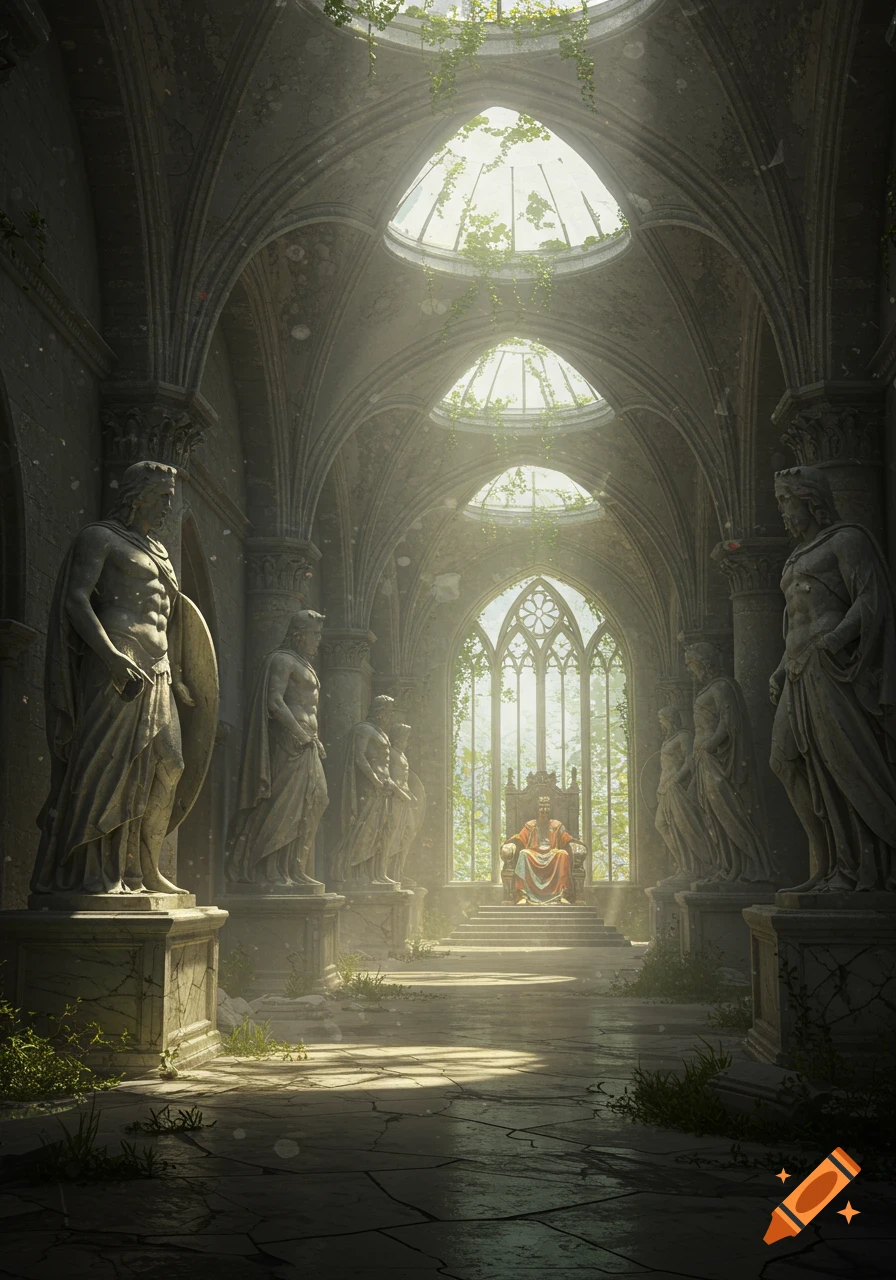 A king on a throne at the end of a grand, overgrown stone hall lined with ancient statues, bathed in light from arched windows.