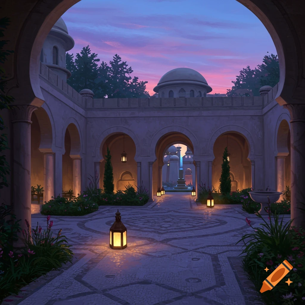 A serene courtyard with Moorish arches, lit lanterns, and lush plants, under a vibrant purple and orange twilight sky. A fountain is visible in the distance.