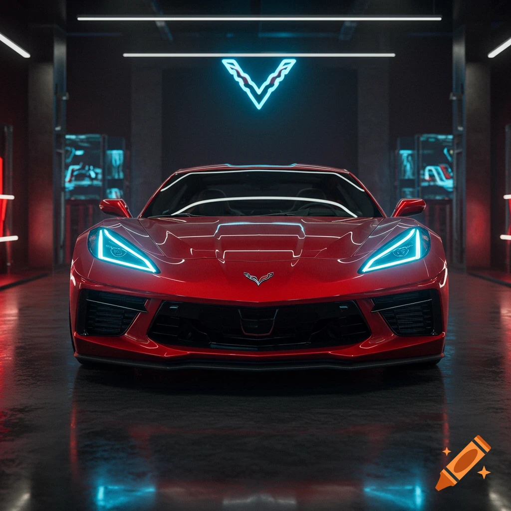 A front view of a red Corvette sports car with bright blue headlights parked in a dark garage with a glowing blue V-shaped neon sign on the back wall.