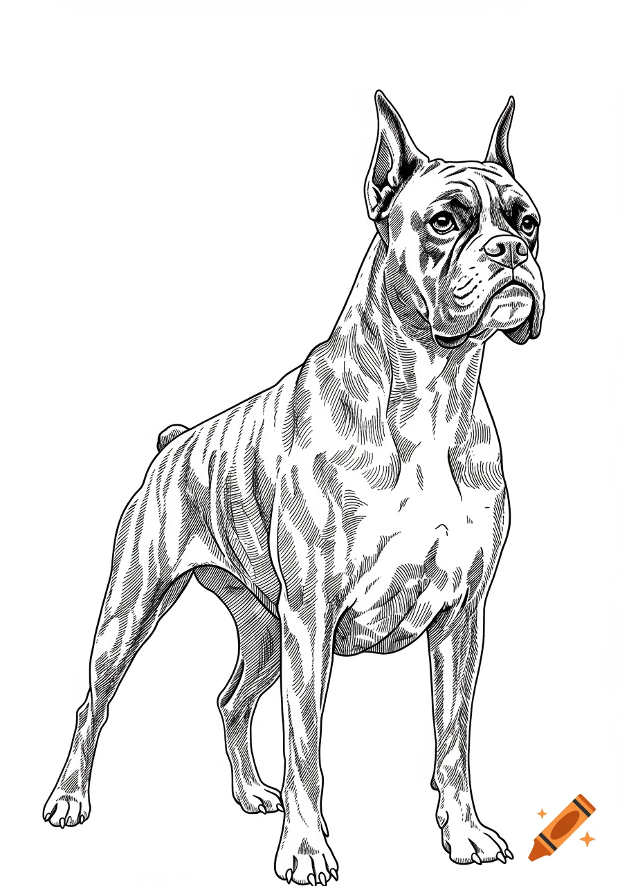 Black and white line art drawing of a standing Boxer dog.
