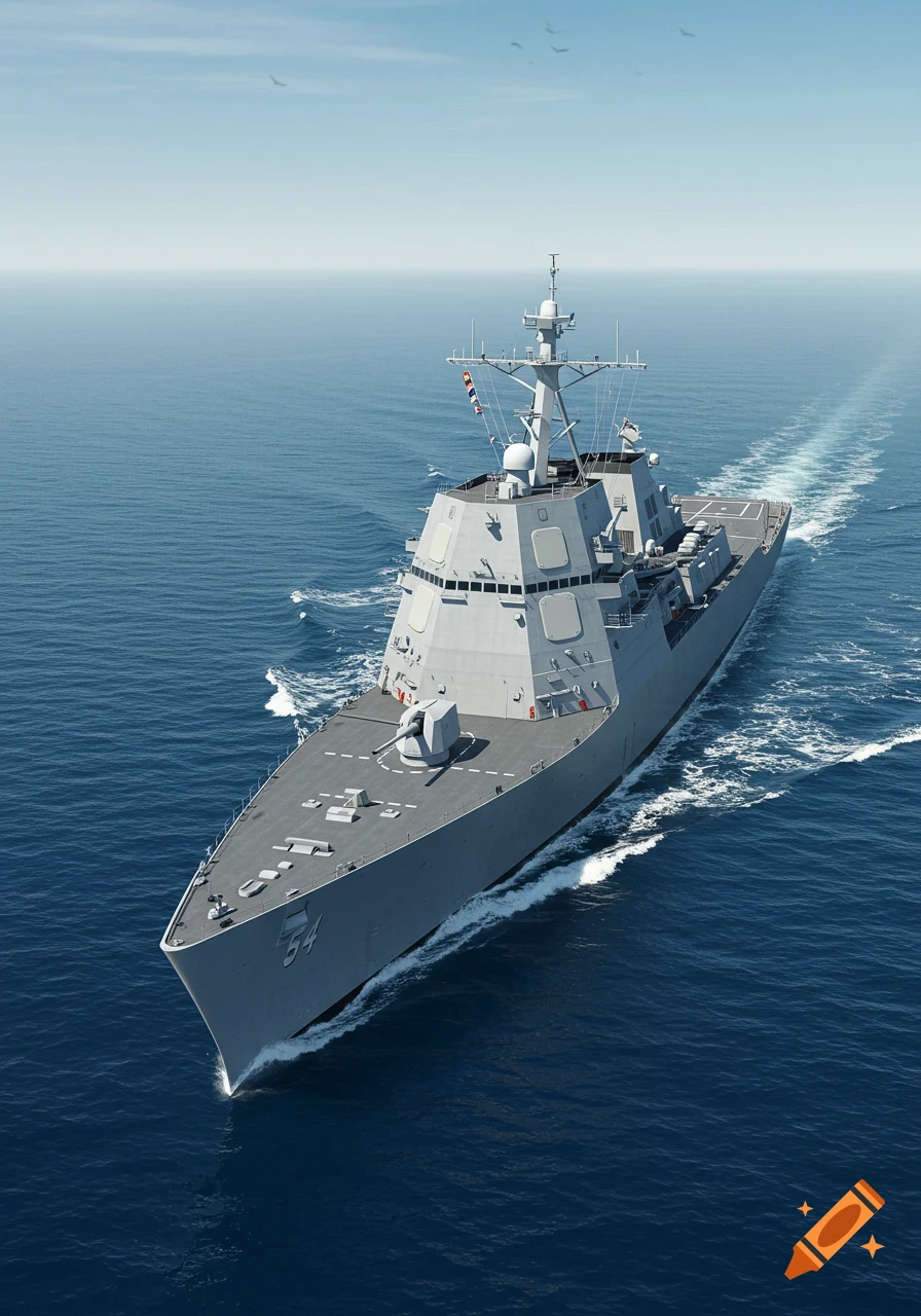 A modern gray destroyer ship with '54' on its bow sails on a blue ocean, leaving a wake, under a clear sky.