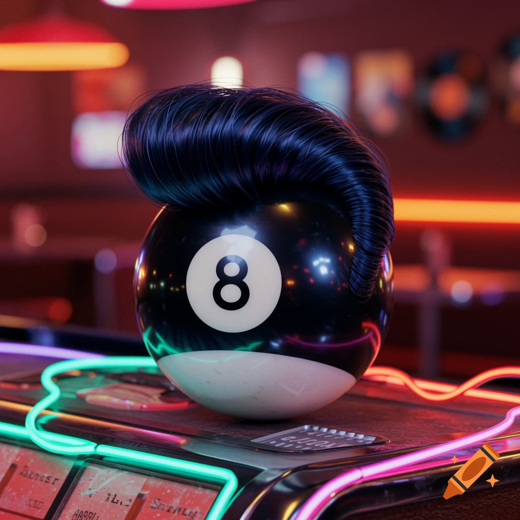 A shiny black 8-ball with a slick black quiff hairstyle sits on a neon-lit jukebox in a retro bar setting.