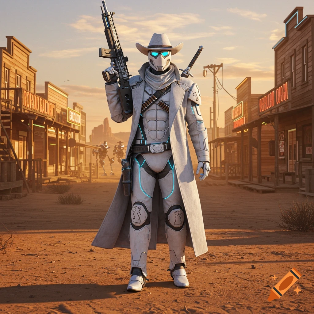 A futuristic cowboy-themed superhero in white battle armor and a long coat, holding a rifle in a dusty western town at sunset.