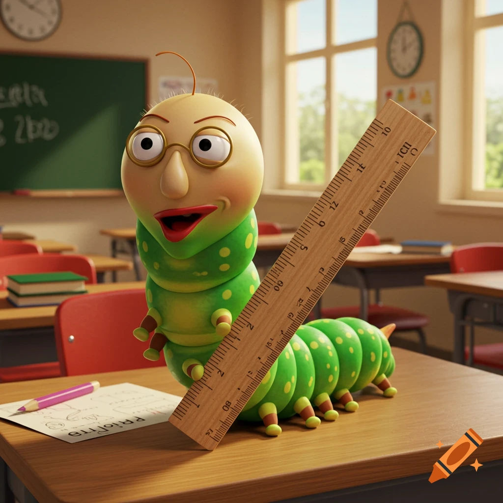 A cartoon caterpillar with a bald, human-like face and glasses stands on a classroom desk, holding a wooden ruler. There's a pink pencil and paper on the desk, and a blackboard and windows in the background.