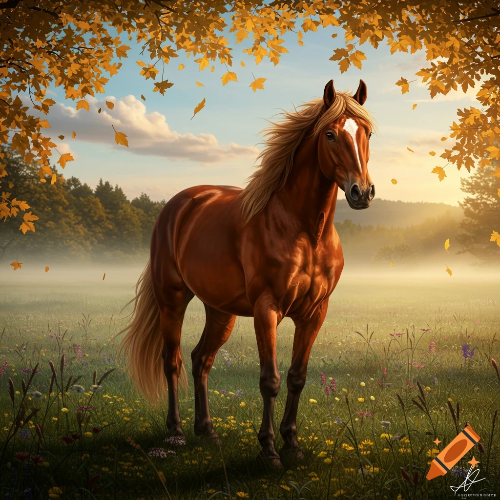 A brown horse with a blonde mane stands in a meadow with wildflowers under trees with golden autumn leaves.