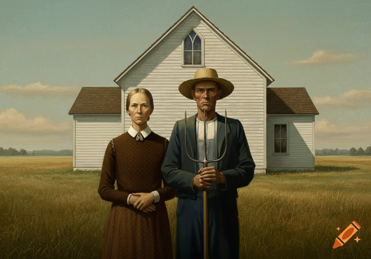 A painting in the style of American Gothic showing a stern farmer with a pitchfork and a woman in front of a white farmhouse.