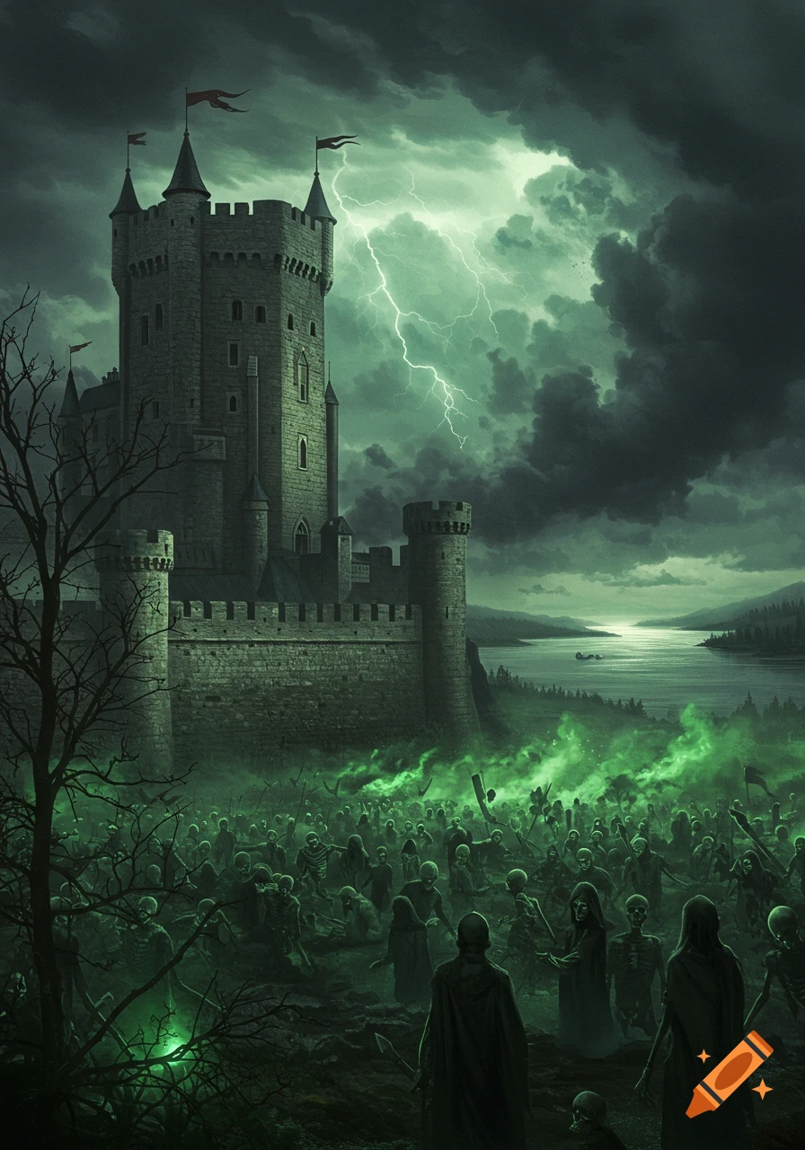 A dark stone castle is besieged by an army of glowing green undead under a stormy, lightning-filled sky.