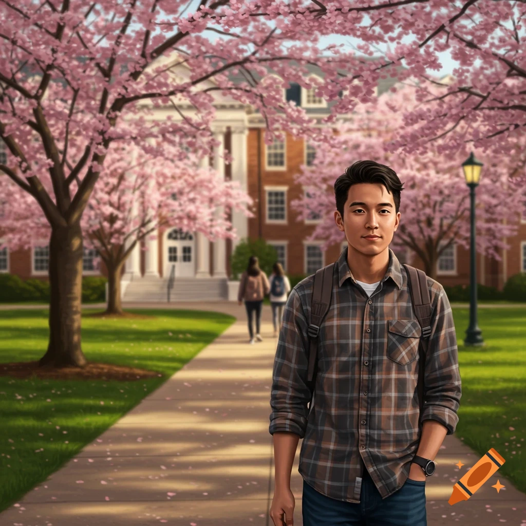 A young man with a backpack on a college campus lined with pink cherry blossom trees, looking forward.