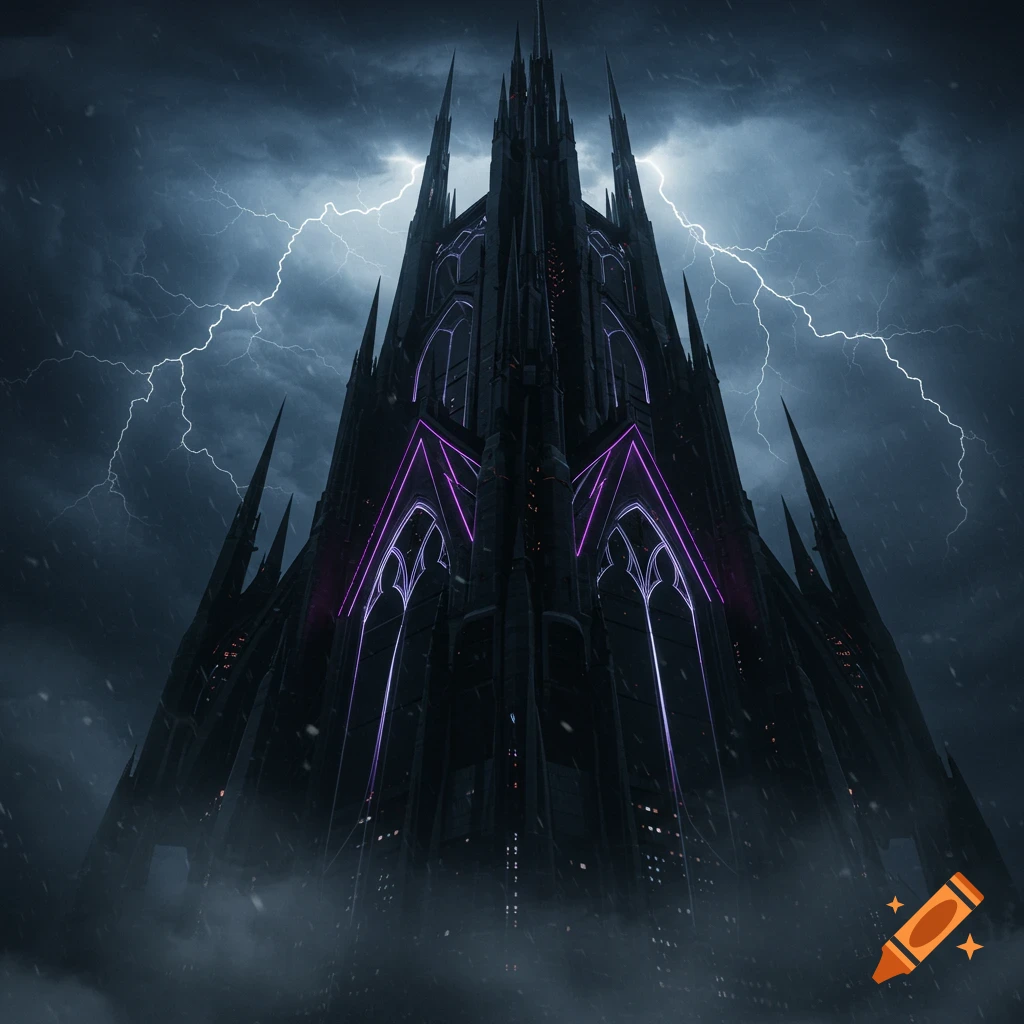 A tall, dark gothic fortress with purple glowing accents, shrouded in mist, beneath a stormy sky with dramatic lightning.