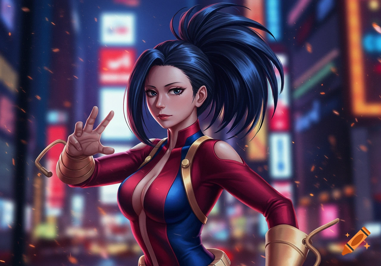 A female anime character, Yaoyorozu Momo, in a red and blue suit with a gold harness, stands against a blurred neon city night background.