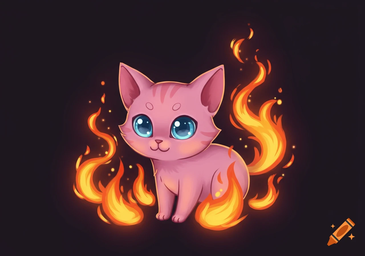 A cute pink cartoon cat with large blue eyes, surrounded by stylized orange flames against a dark background.