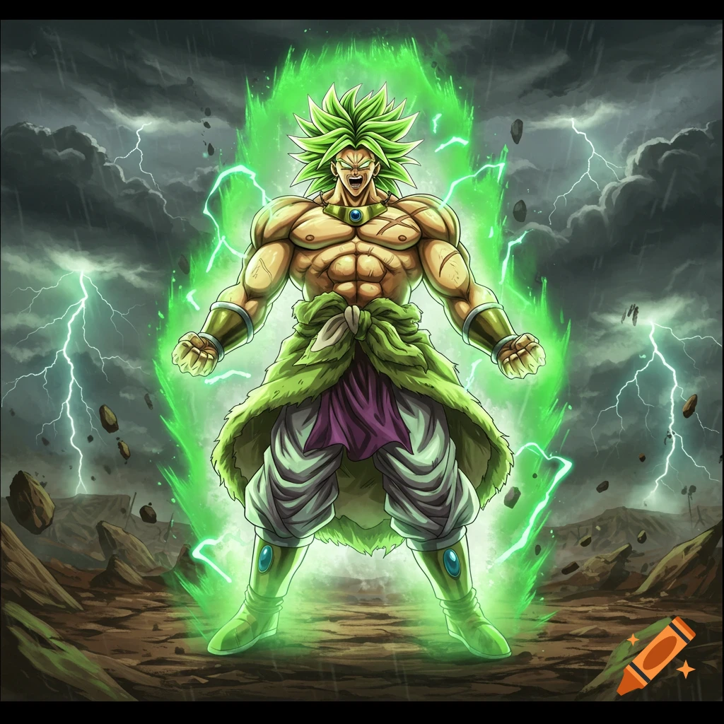 Muscular anime character, Broly from Dragon Ball Z, with green hair and a glowing green aura, amidst lightning and storm clouds.