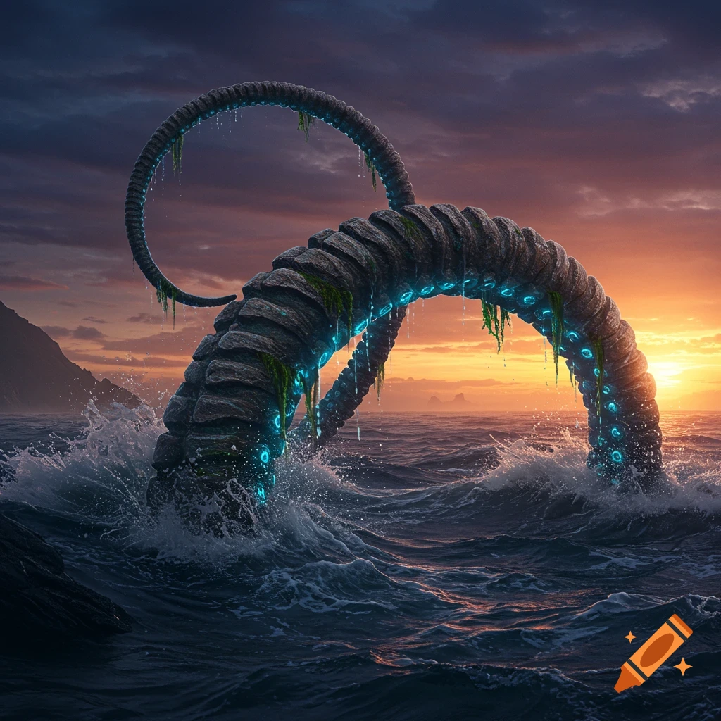 A large, segmented rocky tentacle with glowing blue lights arches out of a stormy, dark blue sea against a vibrant sunset sky.