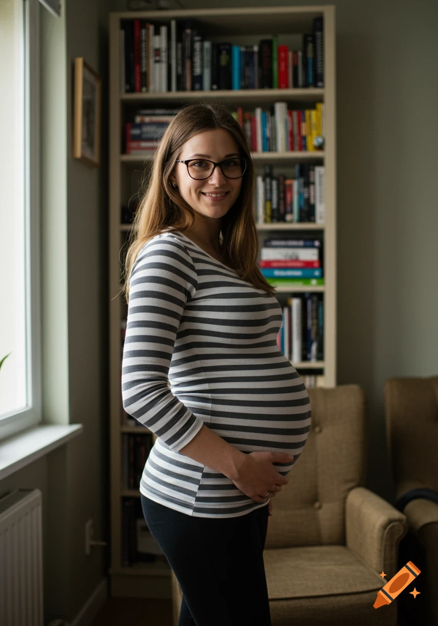 A smiling pregnant woman wearing glasses and a striped shirt, holding her belly, stands in a room with a bookshelf.