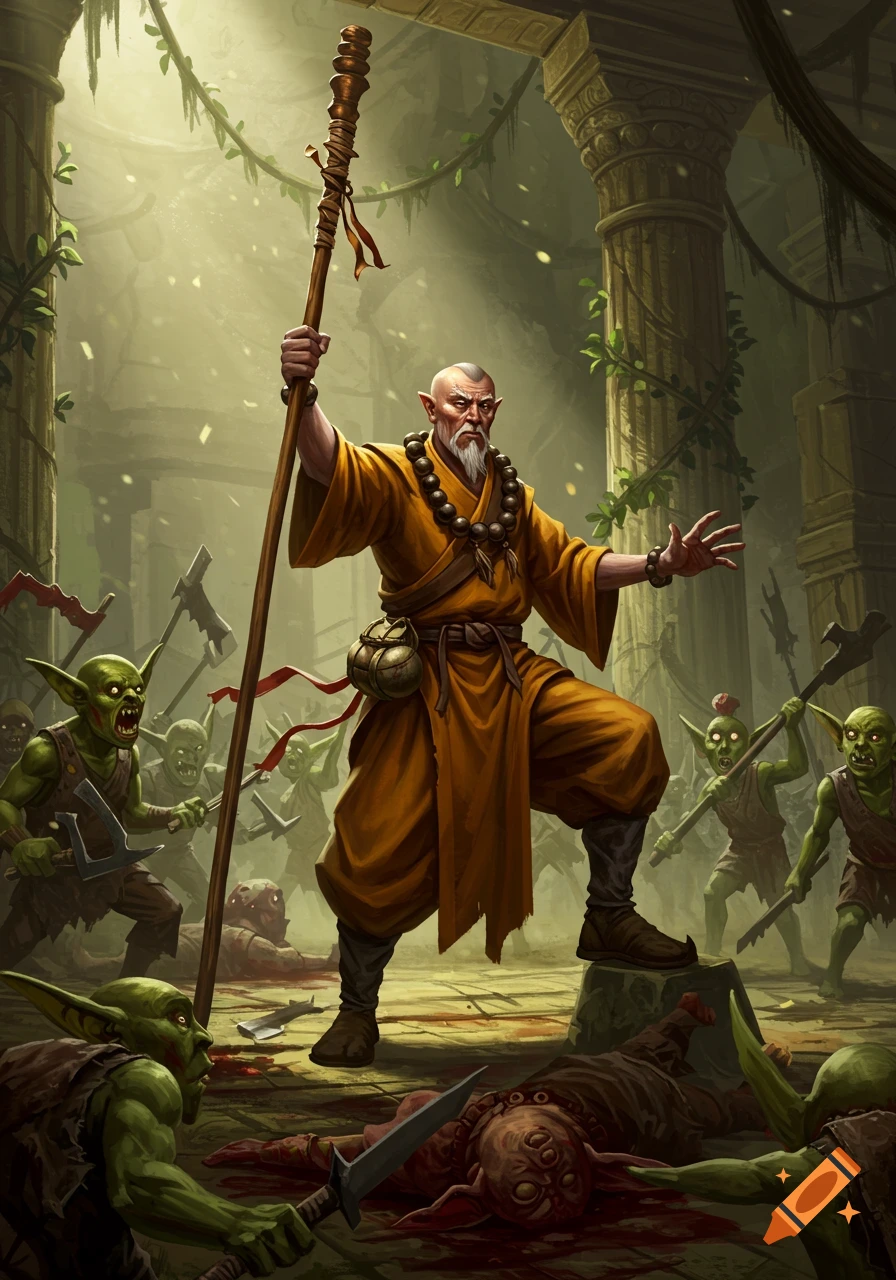 A monk with a staff stands over fallen goblins in ancient ruins, surrounded by more goblins. Digital art.