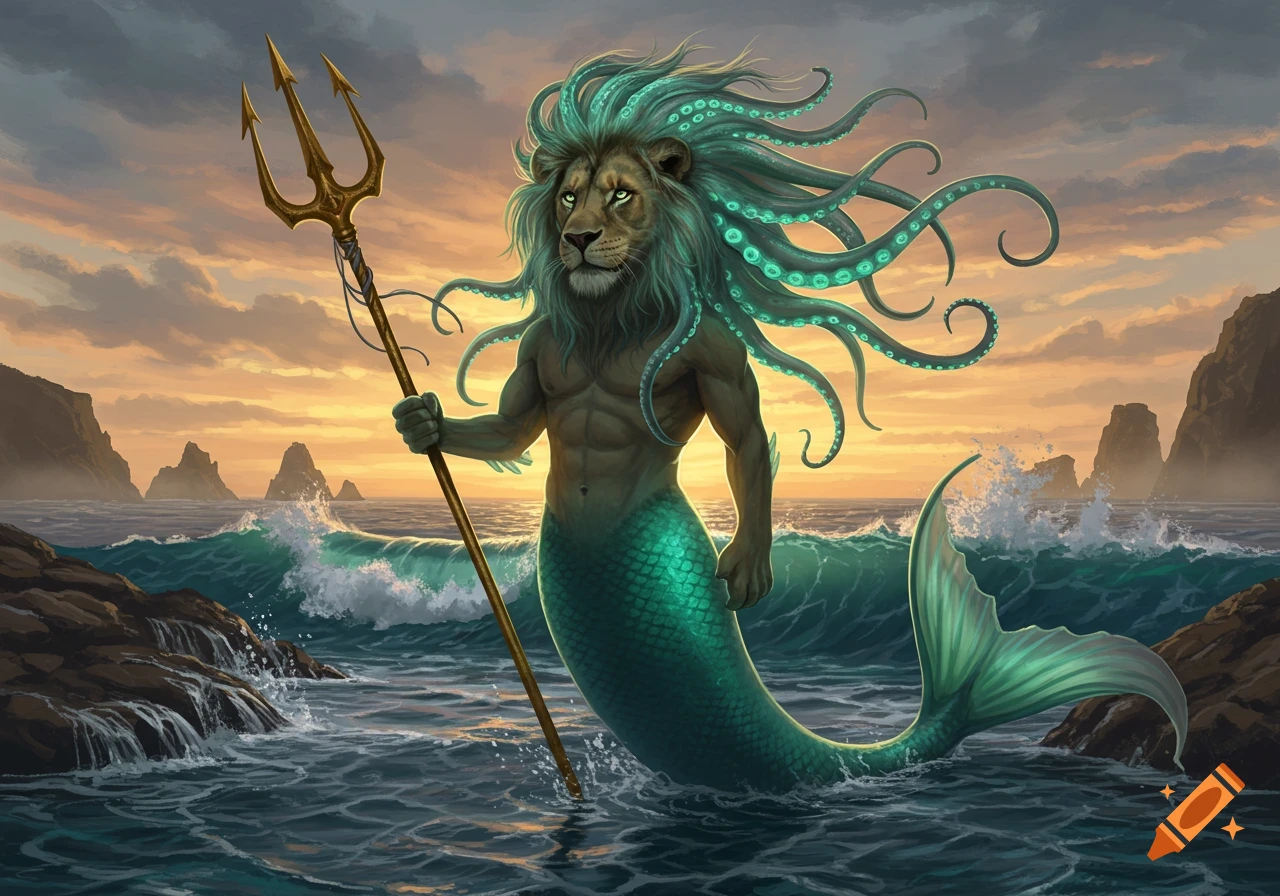 A lion-man with green tentacle hair and a mermaid tail stands in choppy ocean water, holding a trident, against a sunset and rocky coast.