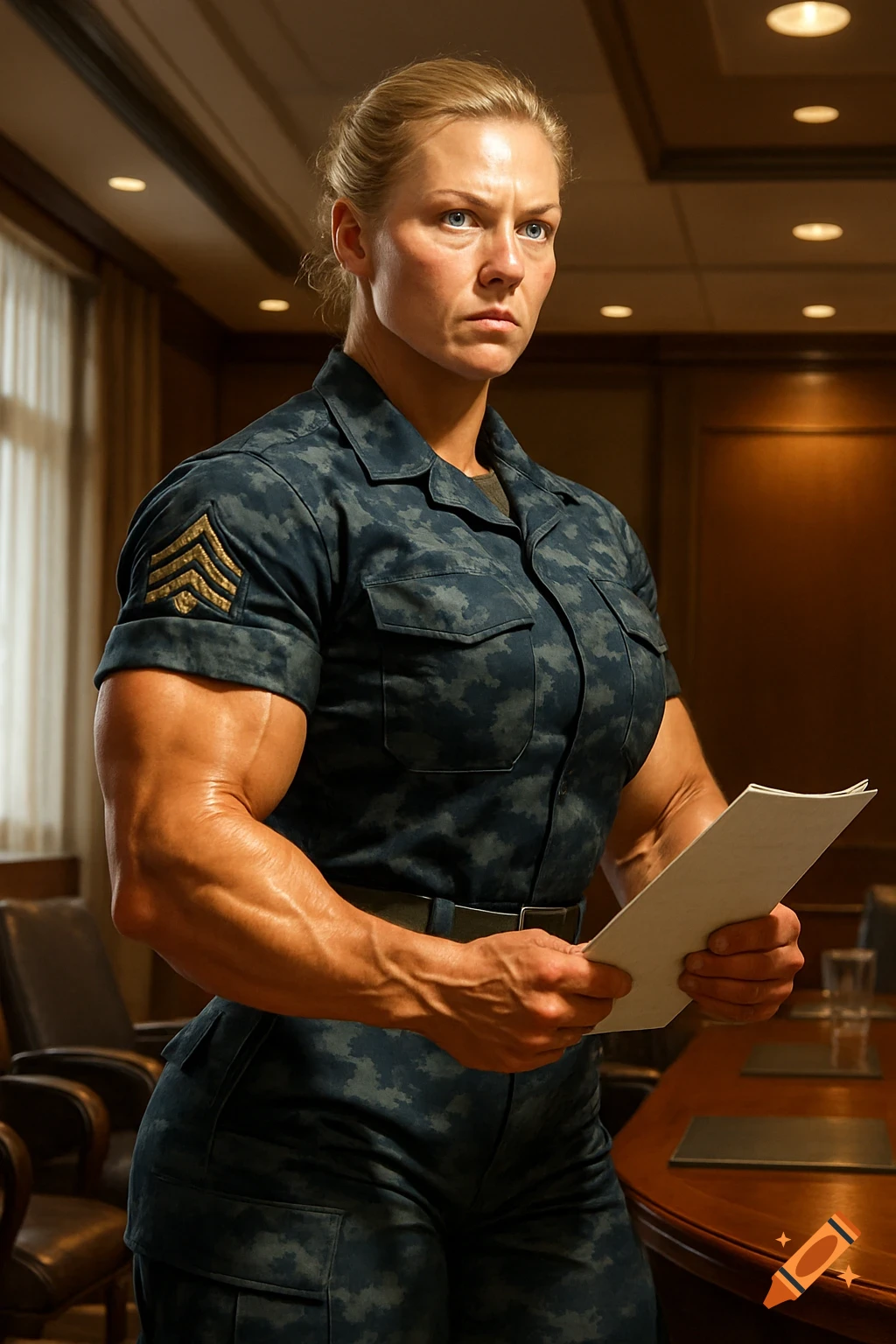 Photorealistic image of a muscular blonde female sergeant in camouflage uniform, holding documents in a meeting room.