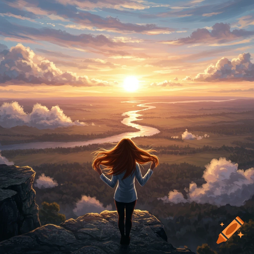 A person with long, flowing red hair stands on a cliff overlooking a vast landscape with a winding river and a bright sunset.