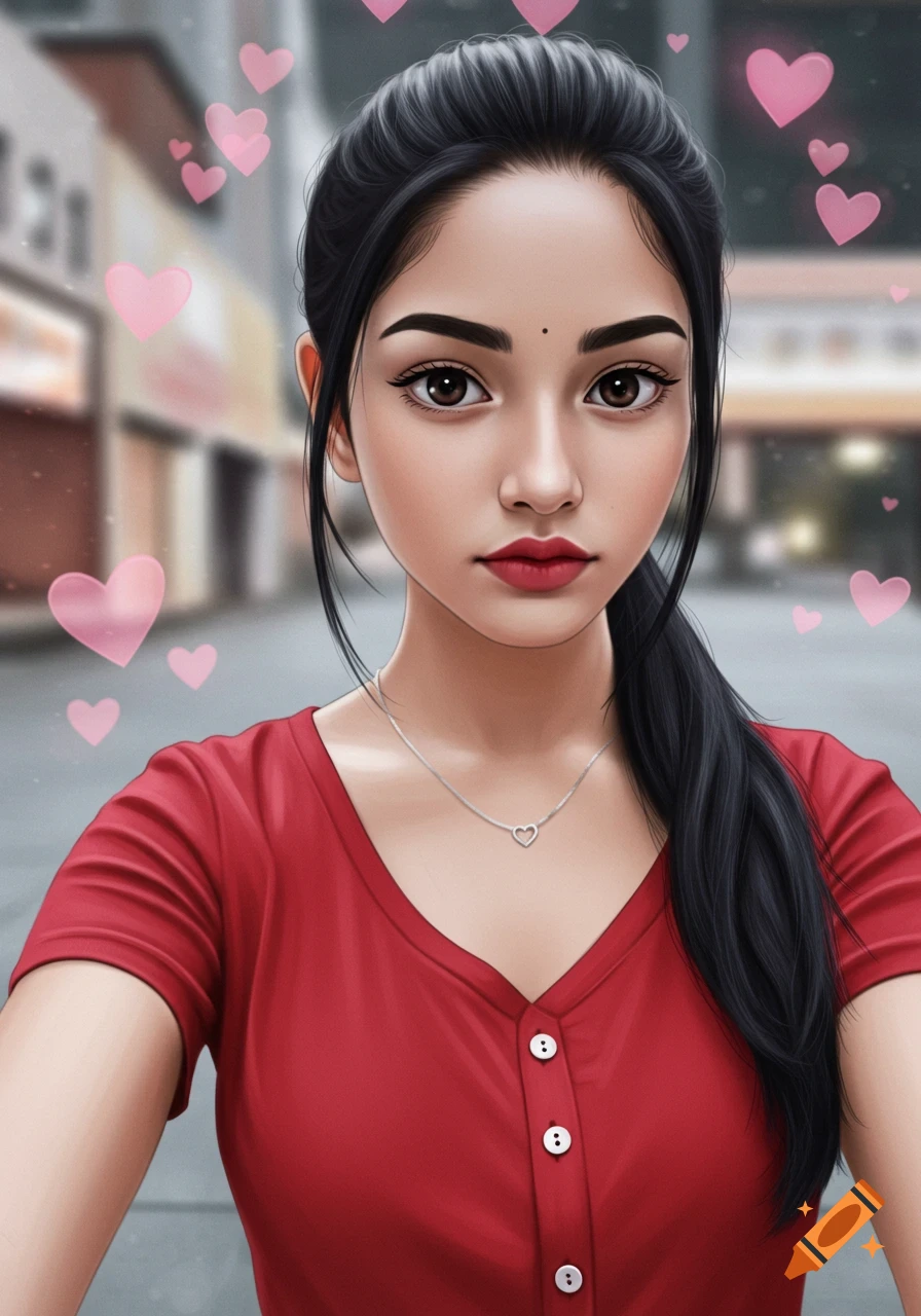Stylized portrait of a young woman with black hair and dark eyes, wearing a red shirt and heart necklace, against a blurry background with pink hearts.
