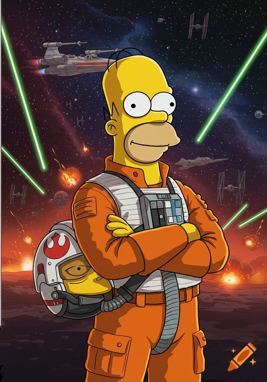 Homer Simpson dressed as an X-wing pilot in space with an X-wing, TIE fighters, and laser blasts in the background, cartoon style.