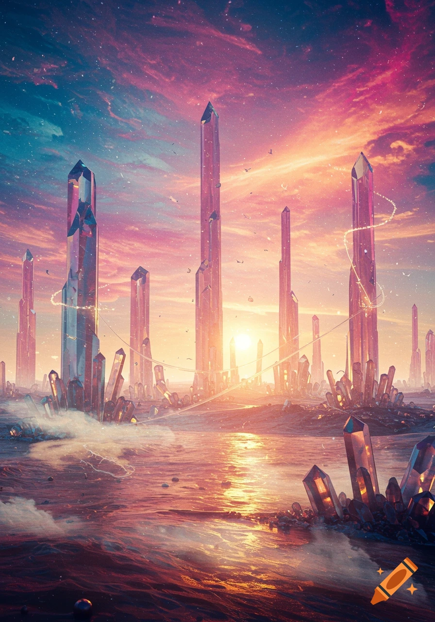 A vibrant, fantastical landscape with towering crystal spires rising from water under a colorful, starry sunset sky.