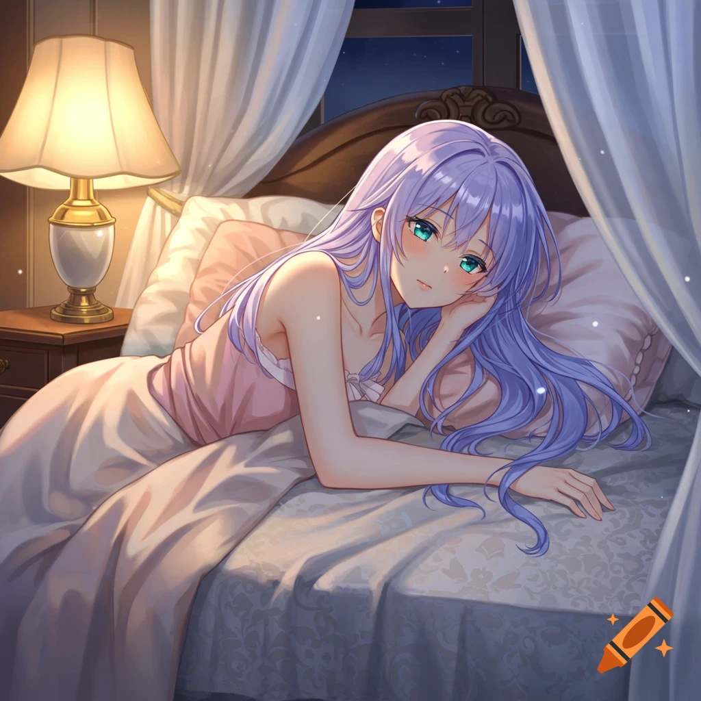 Anime girl with purple hair and green eyes lying in bed in a softly lit bedroom at night.