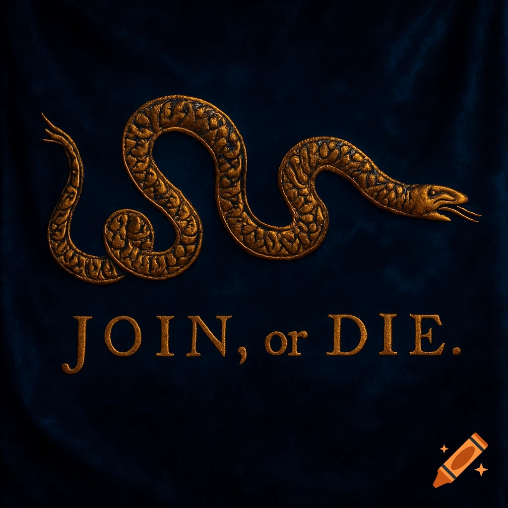 A golden 'Join or Die' snake and text 'JOIN, or DIE.' on a dark blue velvet background.