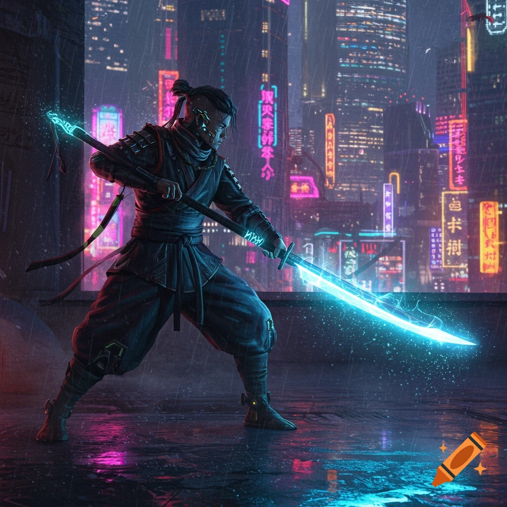 A man with a glowing blue energy blade in a cyberpunk city.
