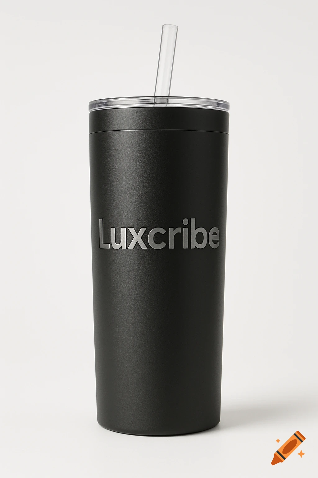 Photorealistic close-up of a matte black powder-coated stainless steel skinny tumbler with a clear straw, featuring 'Luxcribe' laser engraved on its side against a white background.