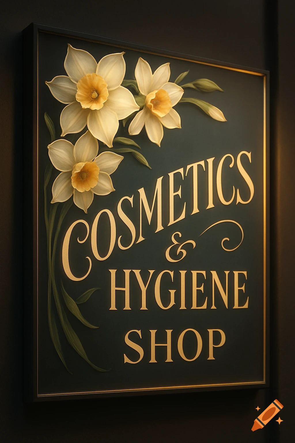 A dark green shop sign with golden text 'COSMETICS & HYGIENE SHOP' and cream narcissus flowers.