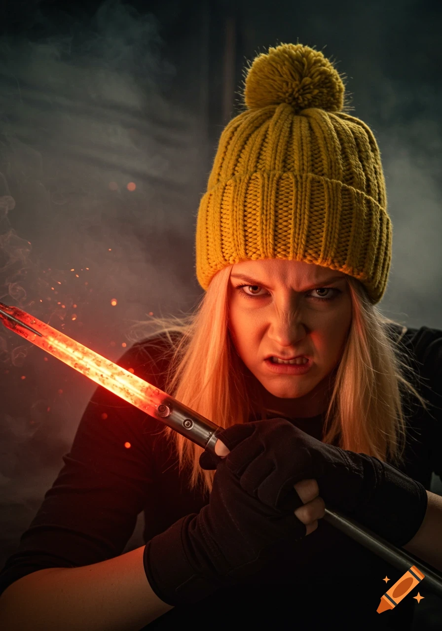 An angry blonde woman in a yellow knit hat and black gloves holds a glowing red metal poker amidst smoke.