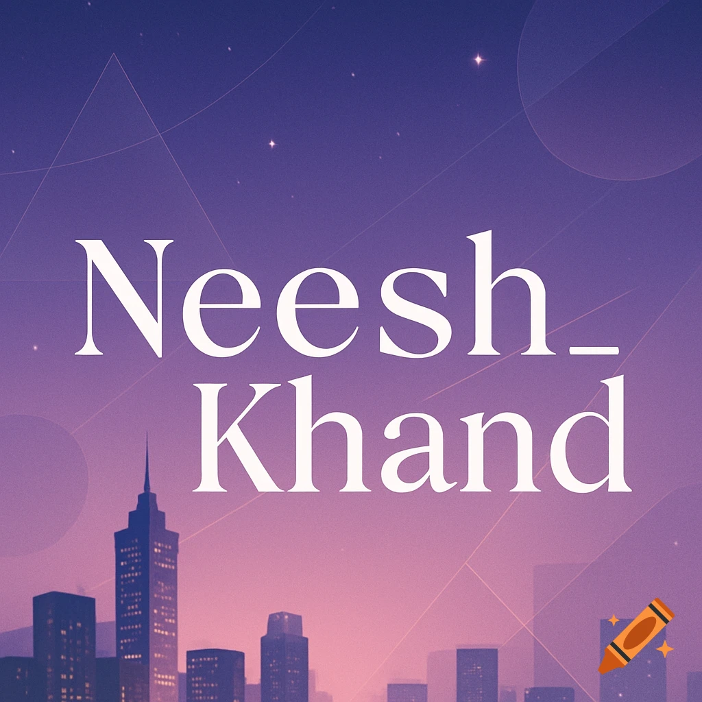 A purple and pink gradient sky over a silhouetted cityscape, with the words 'Neesh_Khand' in white serif font.