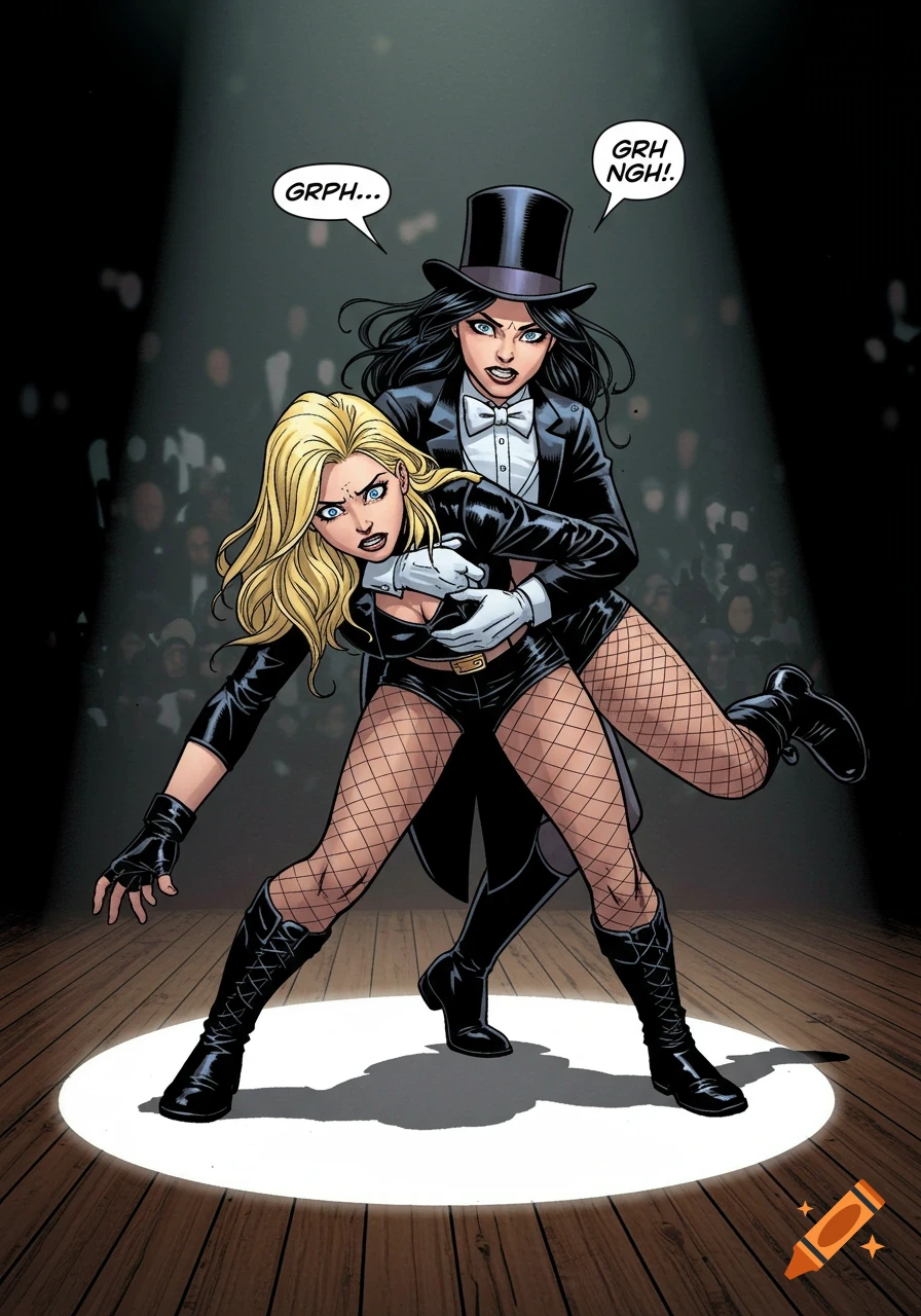 A comic illustration of Zatanna, dressed as a magician, holding Black Canary in a wrestling hold on a spotlighted stage.