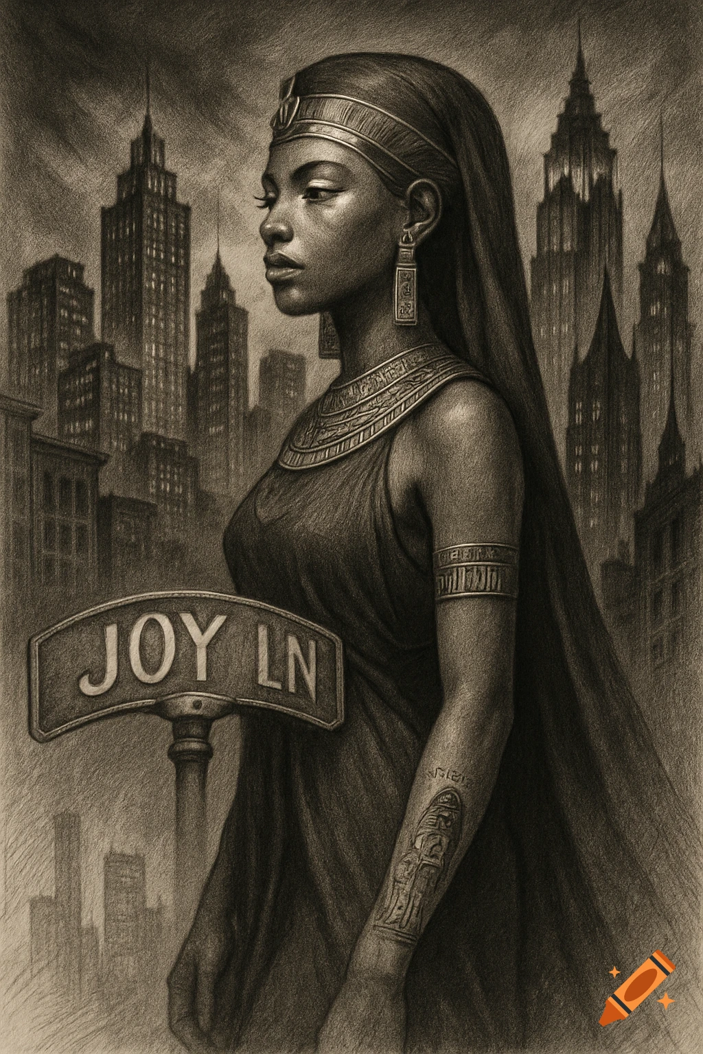 Sepia pencil drawing of a Black woman in Egyptian attire on a city street, "Joy LN" sign visible.
