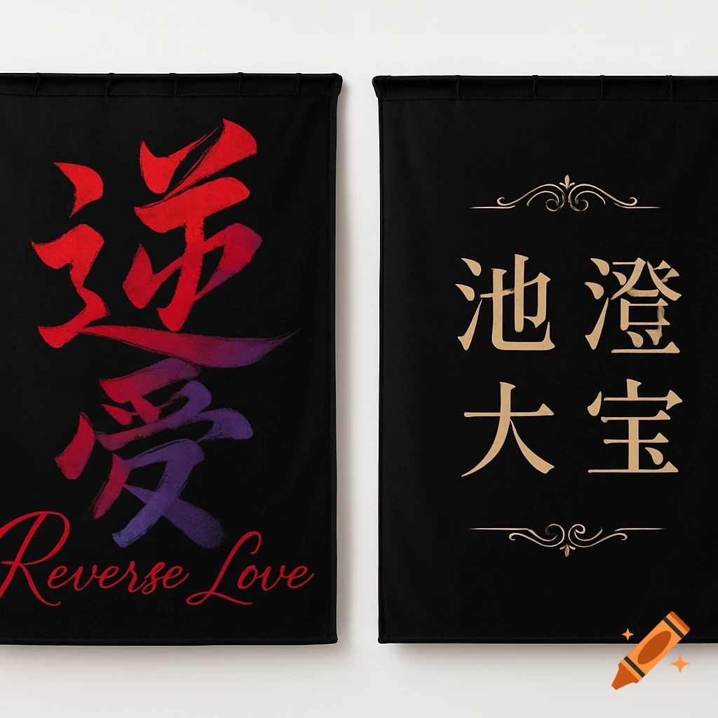 Two black banners with text. The left banner features red and purple Chinese calligraphy and 'Reverse Love' in red cursive script. The right banner displays gold Chinese characters with decorative swirls.