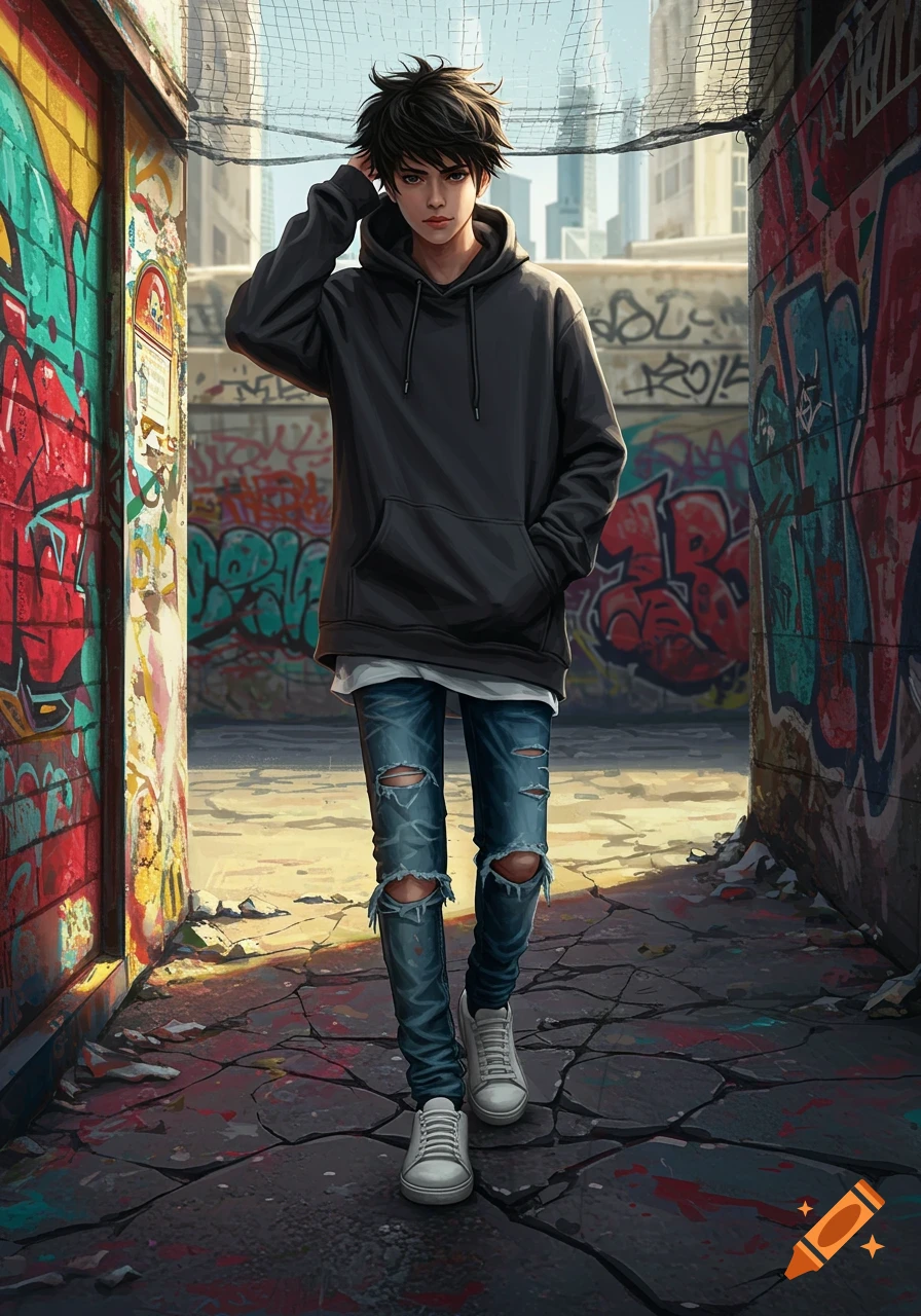 An anime-style teenage boy with dark hair wears a black hoodie, ripped jeans, and white sneakers, standing in a graffiti-covered urban alleyway.