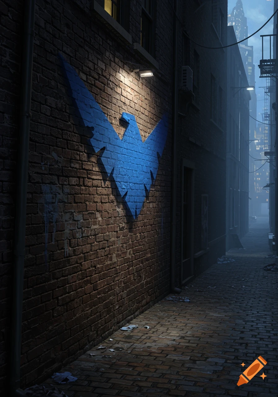 A blue Nightwing symbol painted on a brick wall in a dark, atmospheric alleyway, illuminated by a street light.