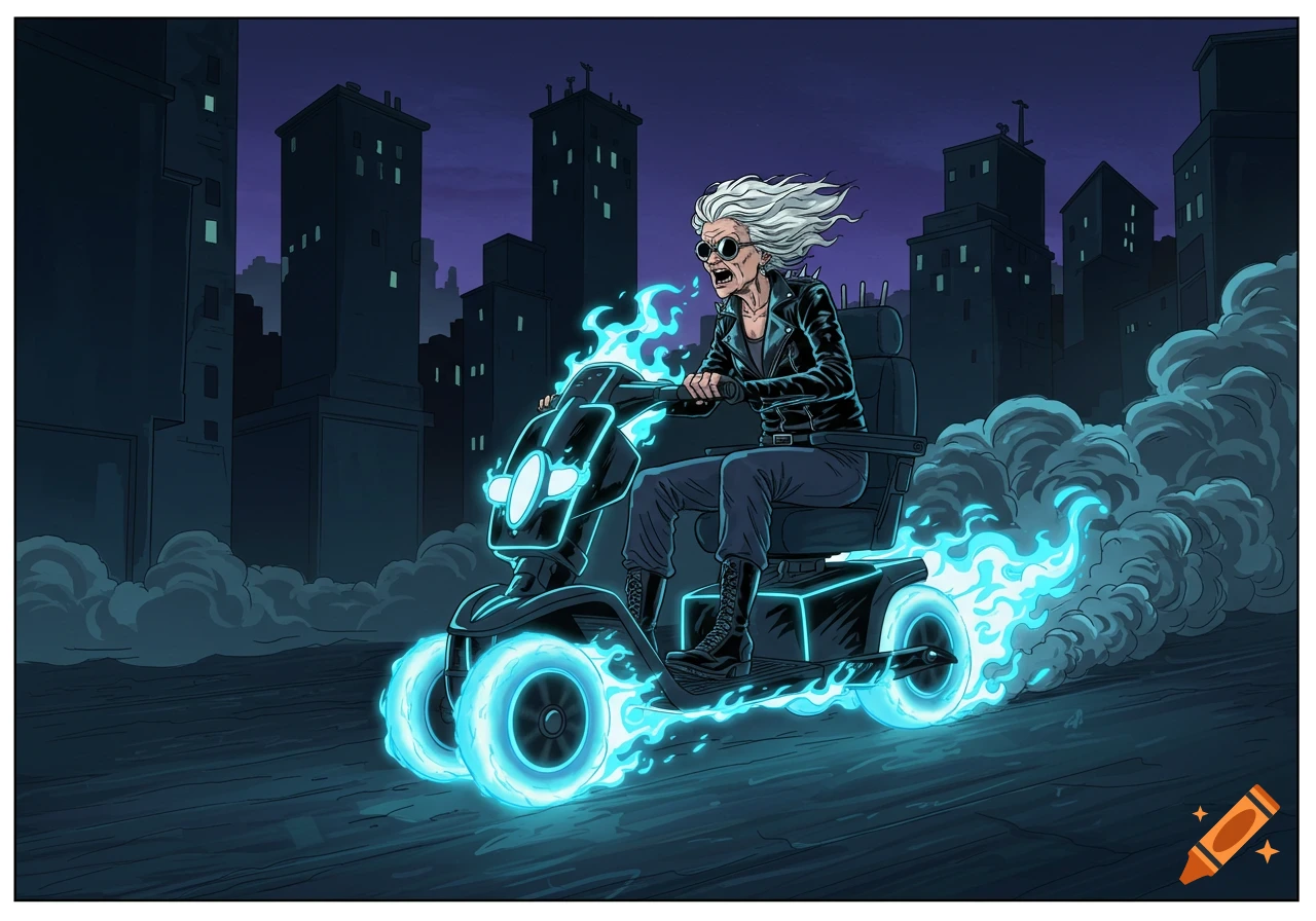 A comic art illustration of an old lady with white hair and sunglasses riding a flaming mobility scooter through a dark city street at night.