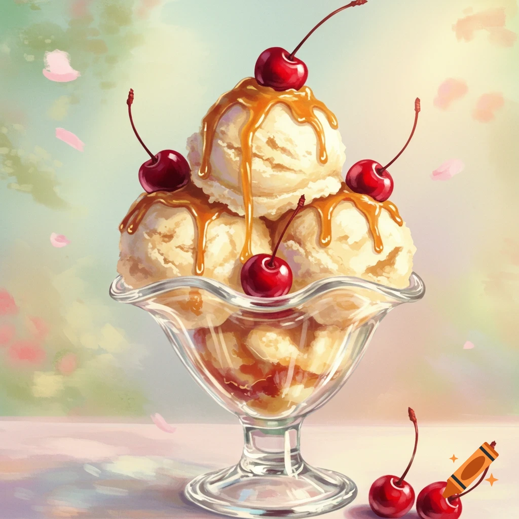 Illustrative close-up of a vanilla ice cream sundae with caramel and cherries in a glass dish on a light background.