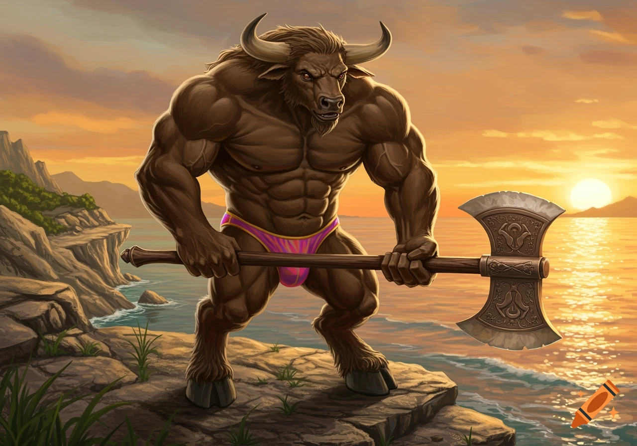 Muscular minotaur in a pink mankini holding an axe on a rocky cliff overlooking the ocean at sunset, digital illustration.