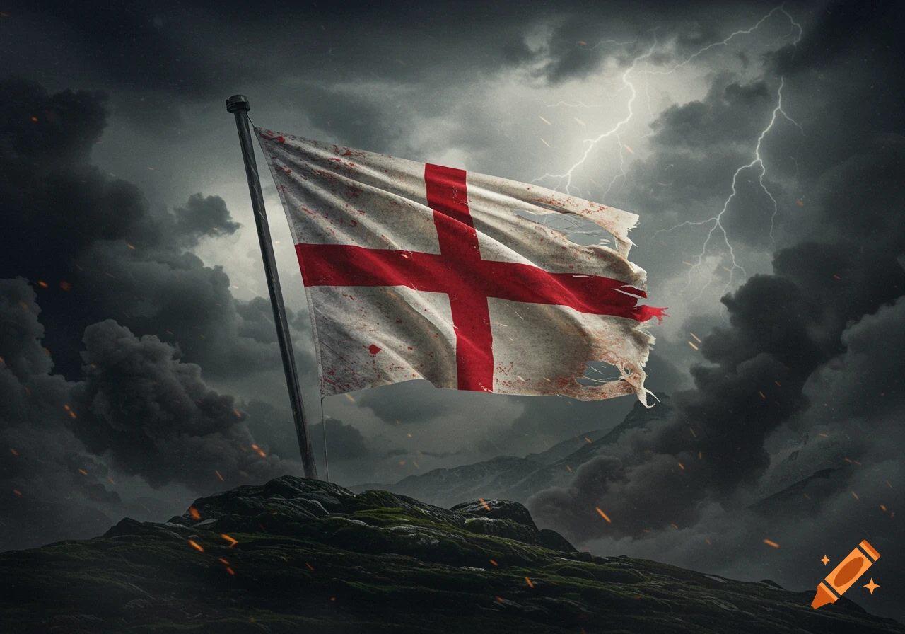 A distressed, torn England flag flies on a rocky hill under a dark, stormy sky with lightning.