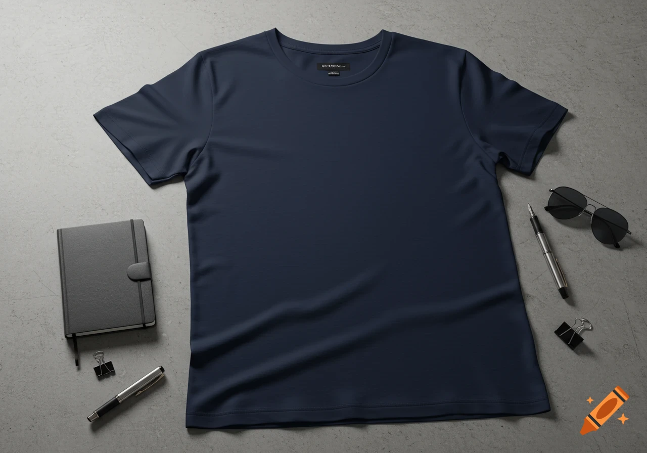 A plain navy blue t-shirt lies flat on a light gray concrete surface, accompanied by a closed black notebook, a silver fountain pen, black sunglasses, and a black binder clip.