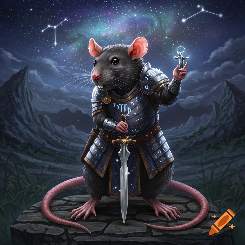A fierce warrior rat in ornate armor holds a sword and a small figure, standing on a stone in a mystical landscape under a starry night sky with constellations.