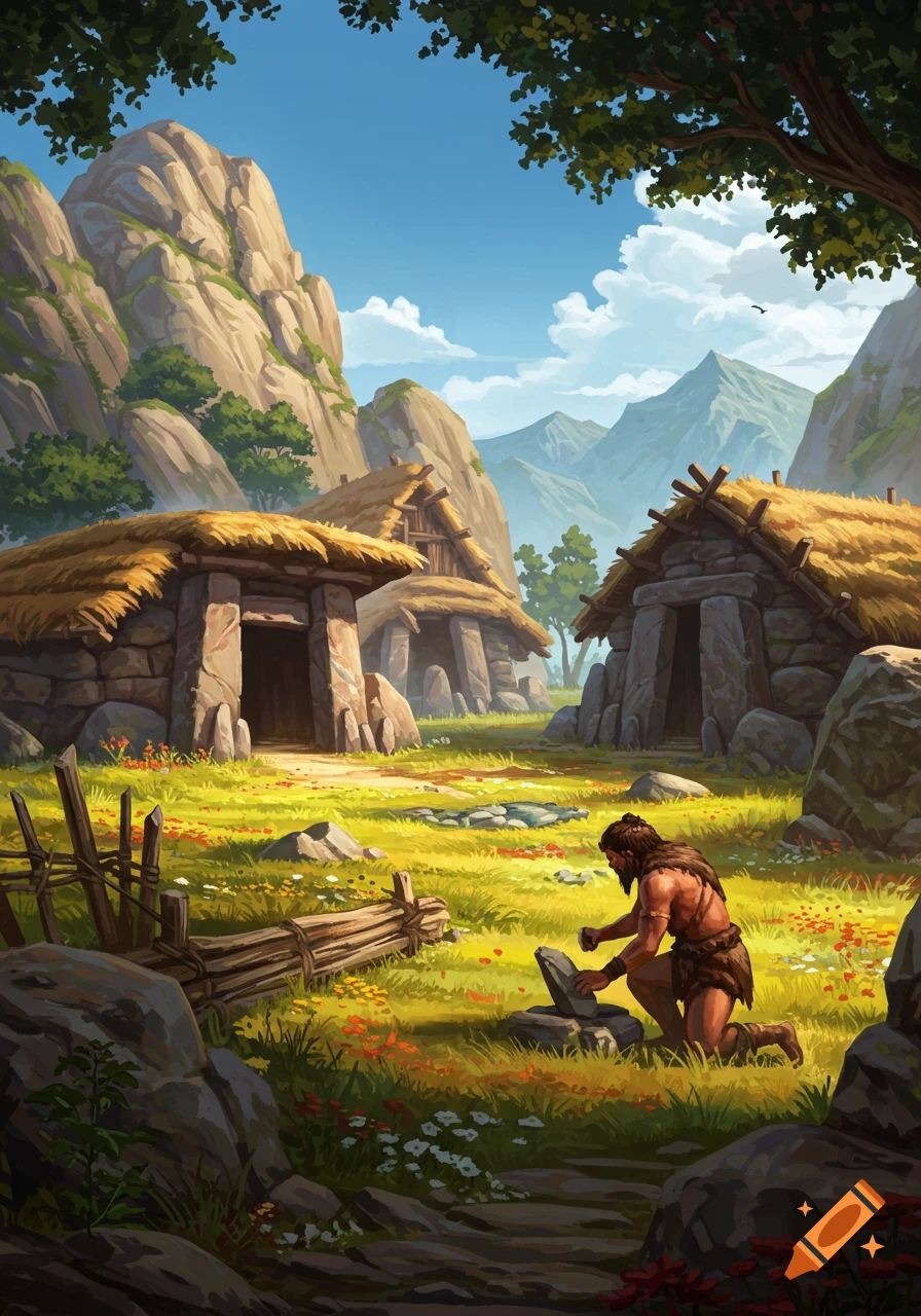 A vibrant illustration of a prehistoric man kneeling in a grassy field, sharpening a stone tool, with straw-roofed huts and mountains in the background under a blue sky.