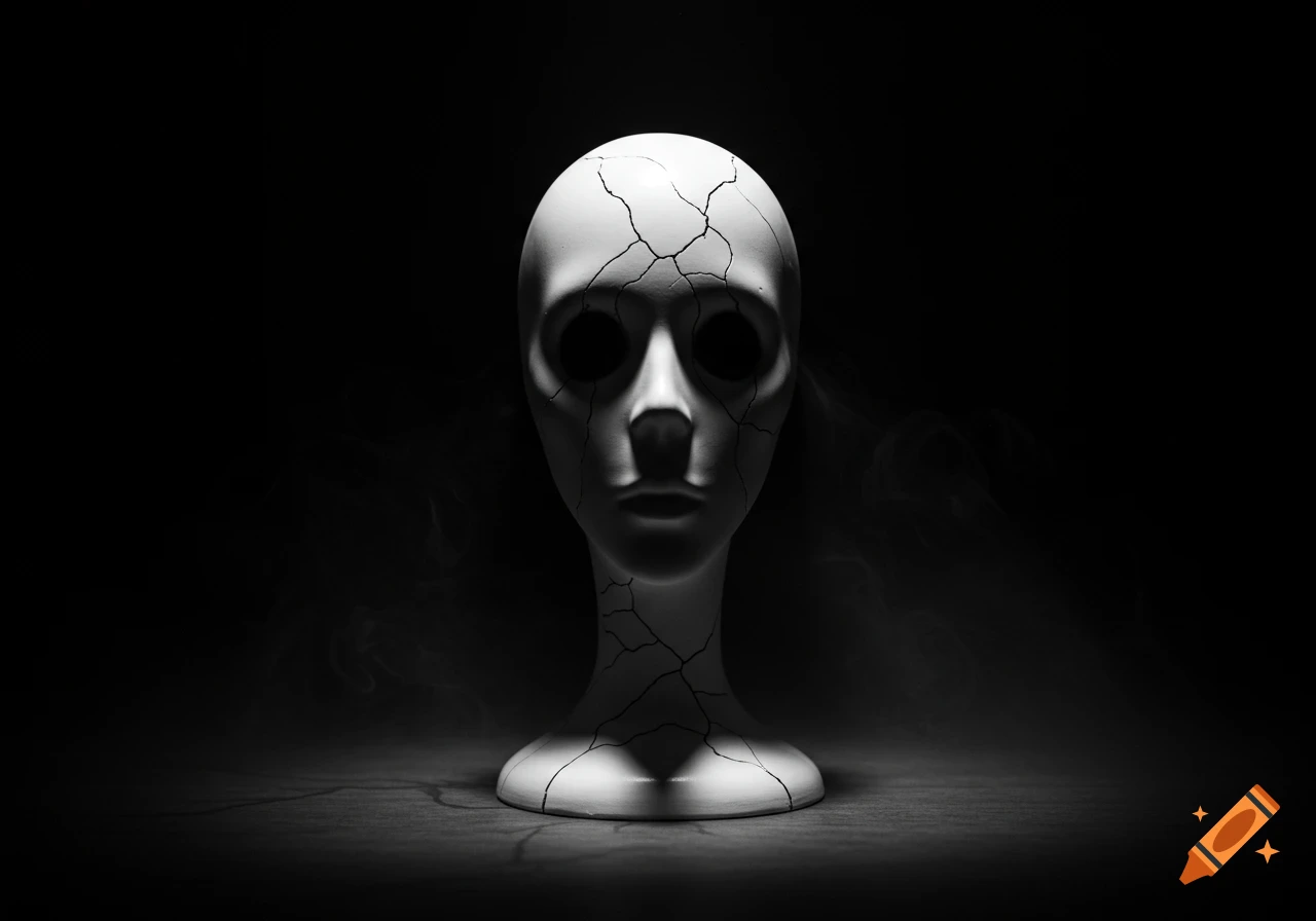A black and white photorealistic image of a cracked mannequin head in a dark, smoky environment.