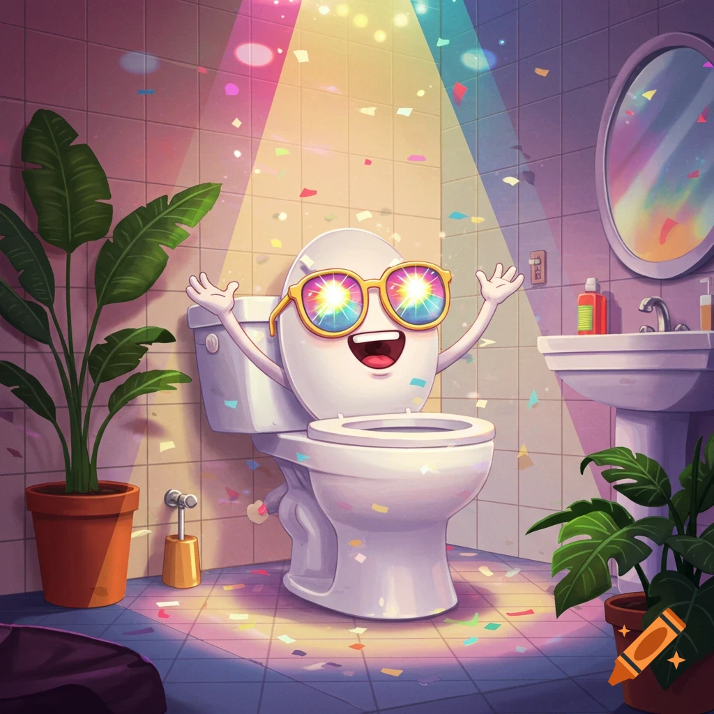 A cheerful, cartoon toilet with rainbow disco sunglasses and arms raised, surrounded by falling confetti and colorful light beams in a pastel bathroom.