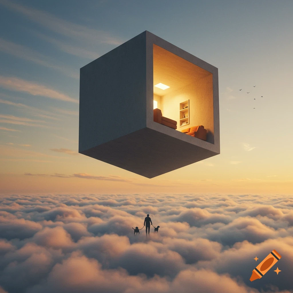 A person walks two dogs across a sea of clouds under a sunset sky, with a floating concrete cube showing a warmly lit room.