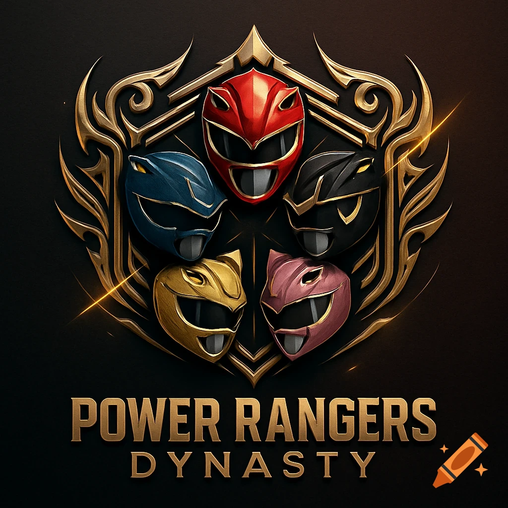 A Power Rangers Dynasty logo featuring five helmets in red, blue, black, gold, and pink arranged within an ornate golden emblem, set against a dark background.