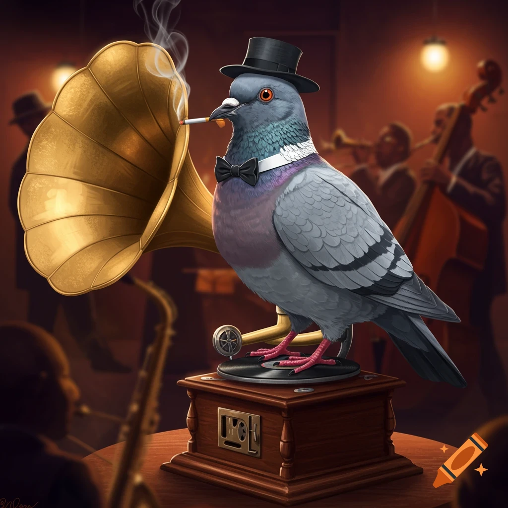 A pigeon wearing a top hat and bow tie, holding a lit cigarette in its beak, stands on a gramophone in a dimly lit jazz club.